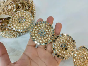 Round Antique Gold Pearl & Mirror Embellishment Indian Lace, Sari Lehenga Gown Border, Indian Wedding Dress Lace 6.5 cm Wide by Yard
