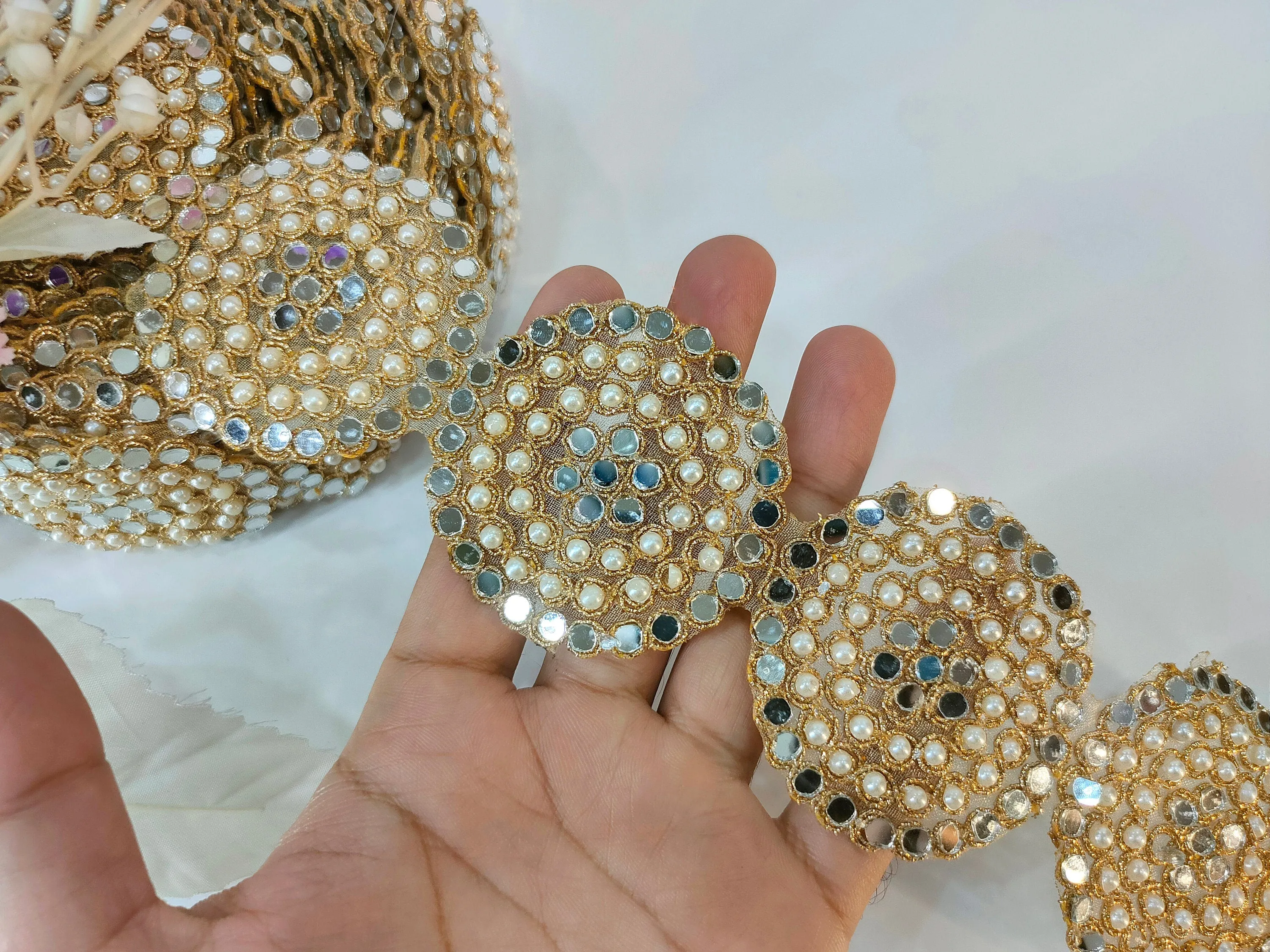 Round Antique Gold Pearl & Mirror Embellishment Indian Lace, Sari Lehenga Gown Border, Indian Wedding Dress Lace 6.5 cm Wide by Yard