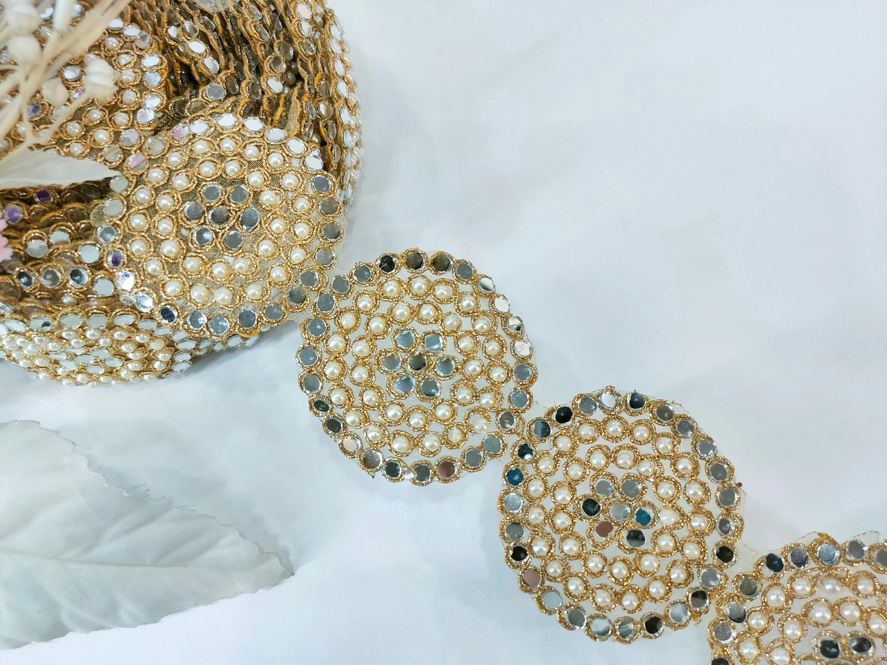 Round Antique Gold Pearl & Mirror Embellishment Indian Lace, Sari Lehenga Gown Border, Indian Wedding Dress Lace 6.5 cm Wide by Yard