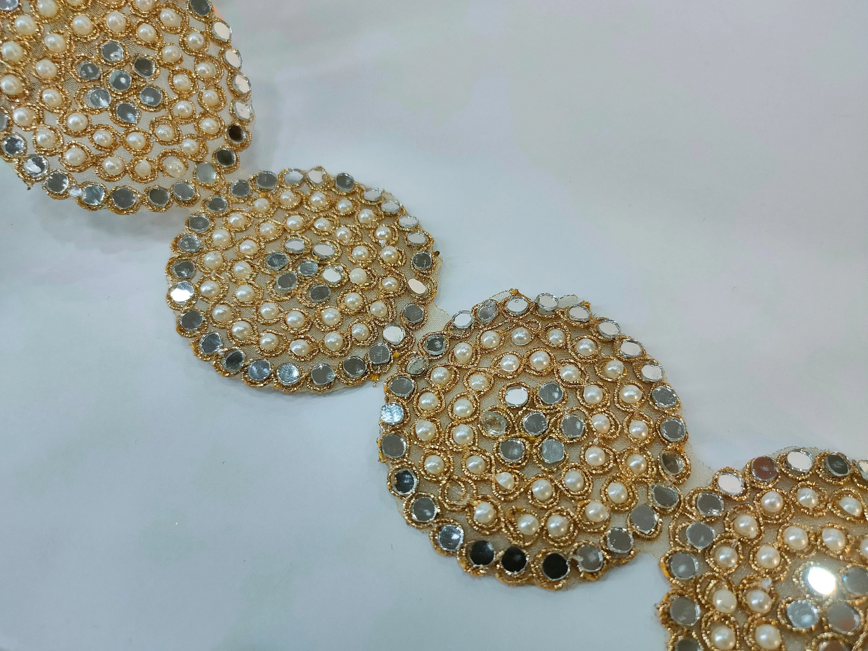 Round Antique Gold Pearl & Mirror Embellishment Indian Lace, Sari Lehenga Gown Border, Indian Wedding Dress Lace 6.5 cm Wide by Yard