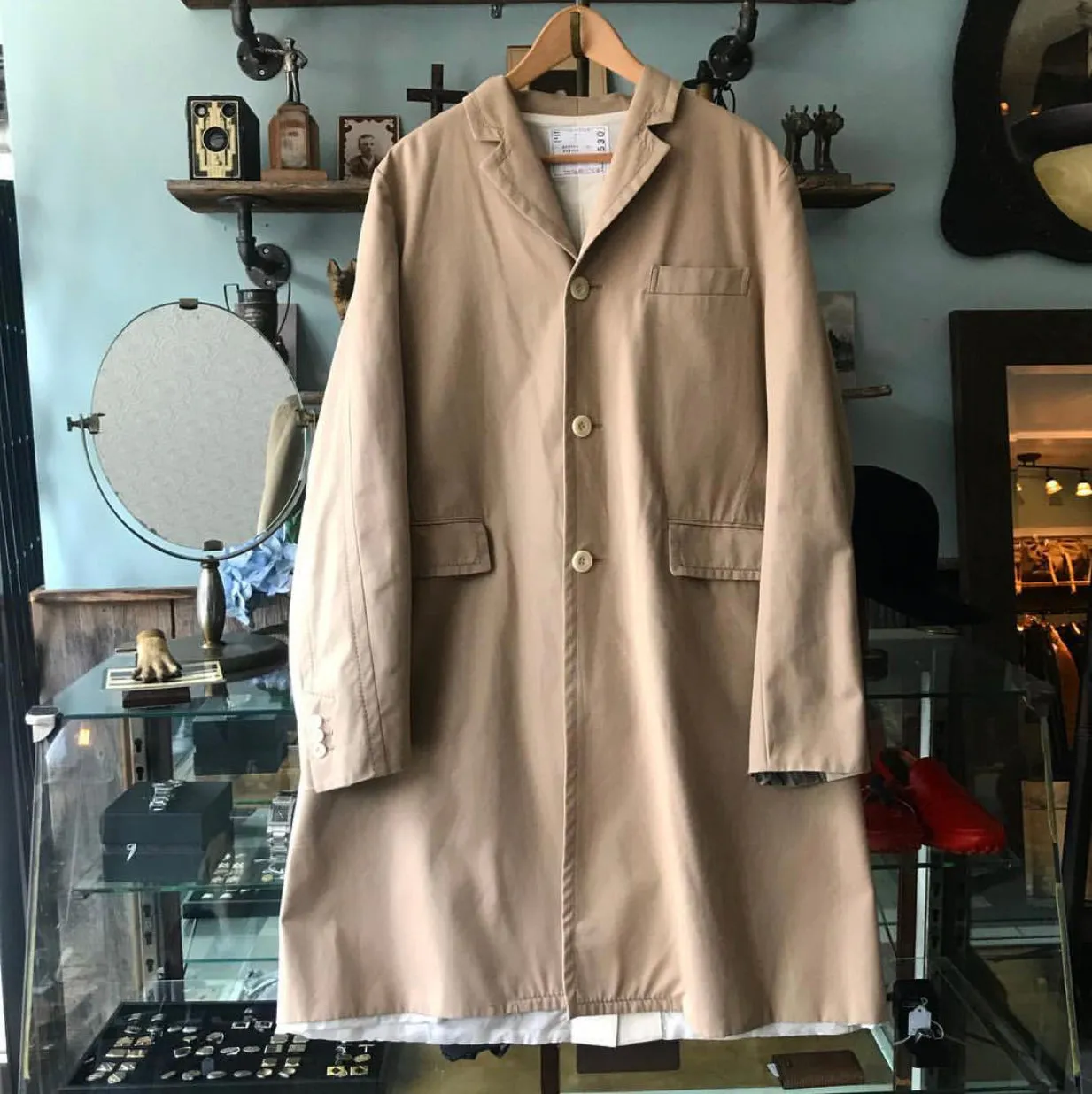 Sacai Beige Single Breasted Cotton Long Trench Coat - M