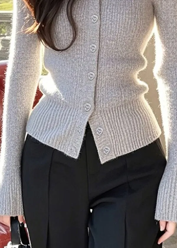 Slim Fit Grey V Neck Button Knit Sweaters Spring TO011