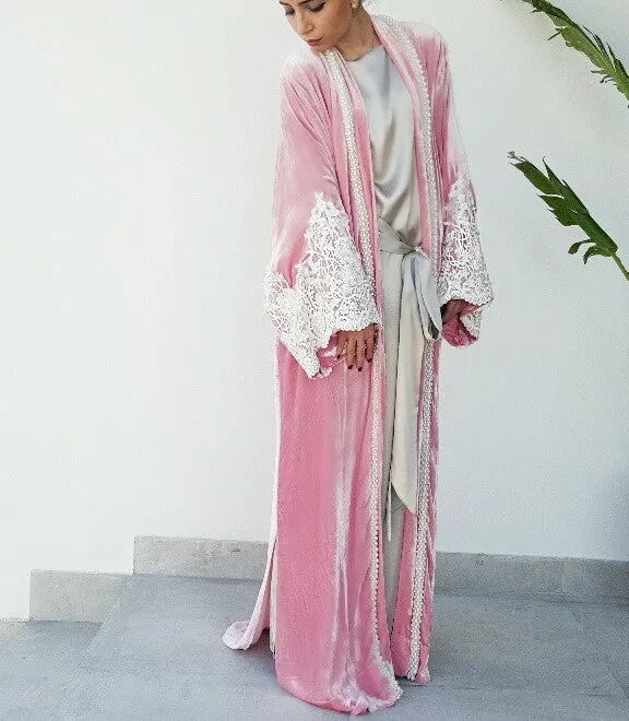 SS17 Candy Pink Silk Velvet Wedding Abaya with Pearls & Lace