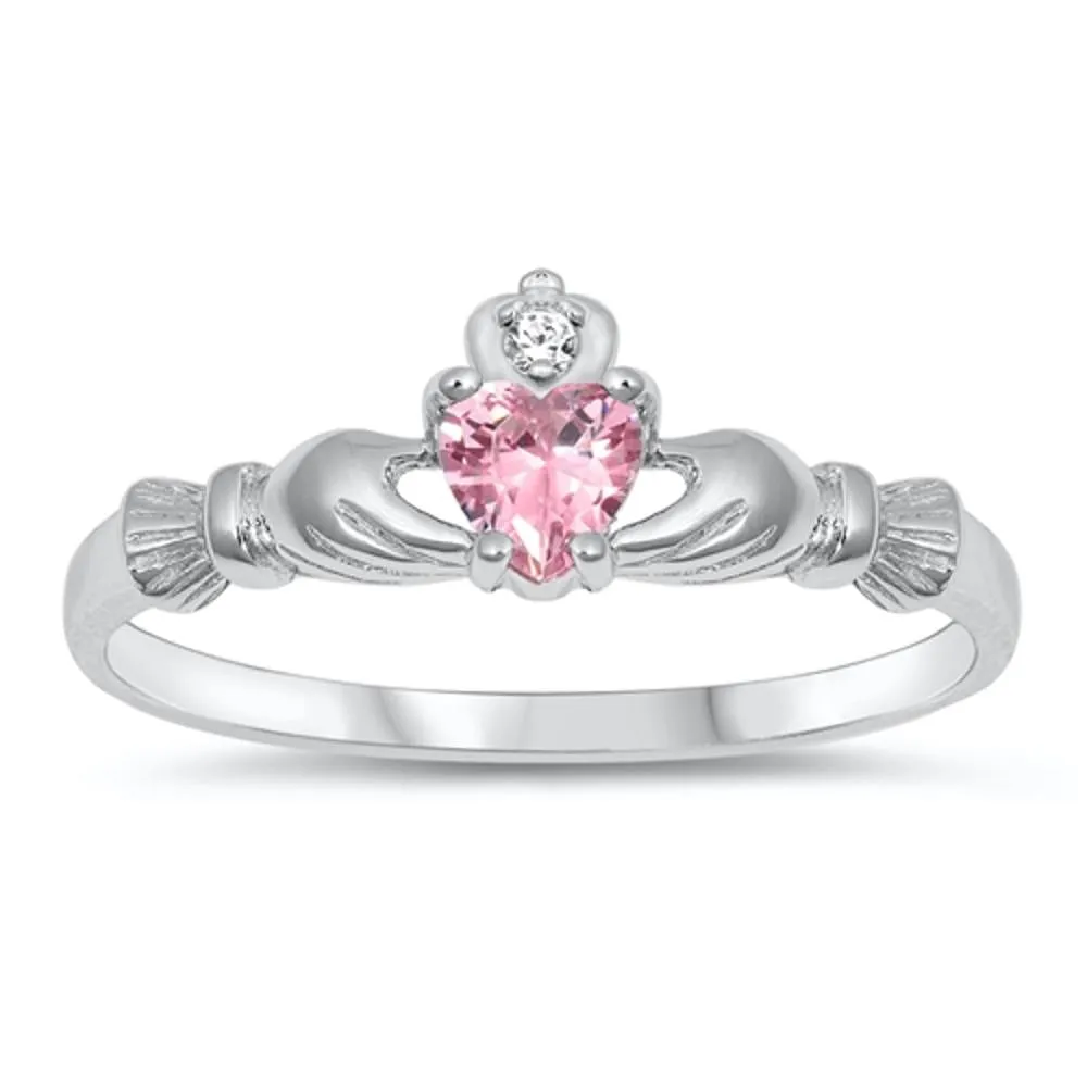 Sterling Silver Claddagh Ring Pink Ice CZ Traditional Irish Knot Band Sizes 1-10