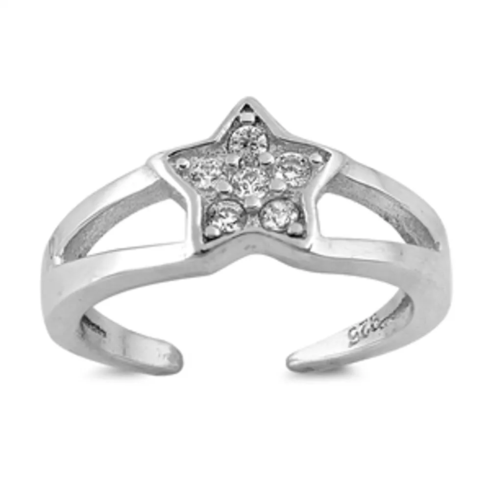 Sterling Silver Classic Clear CZ Studded Star Toe Ring Adjustable Midi Band 925