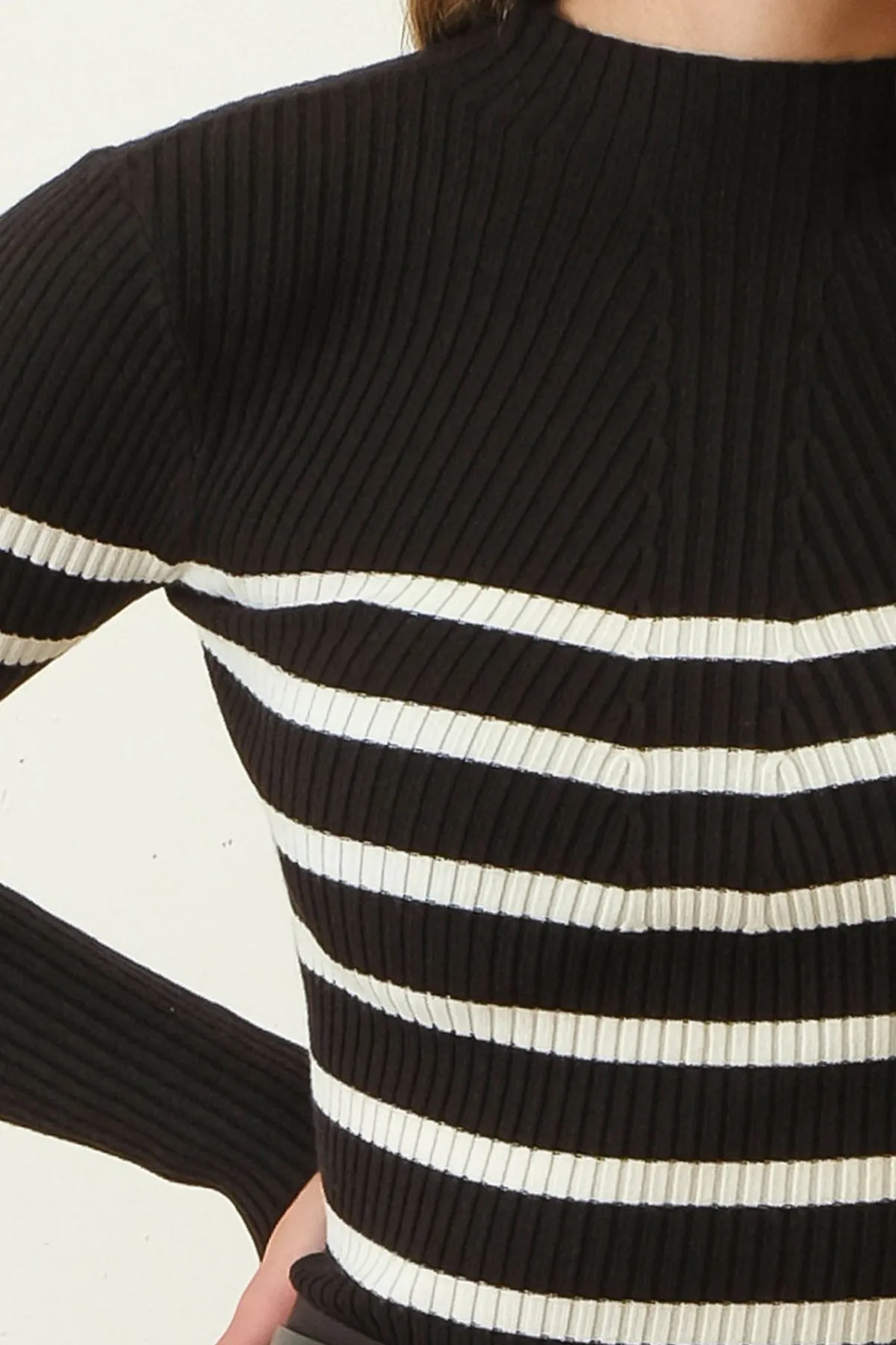 Striped Mock Neck Long Sleeve Knit Sweater