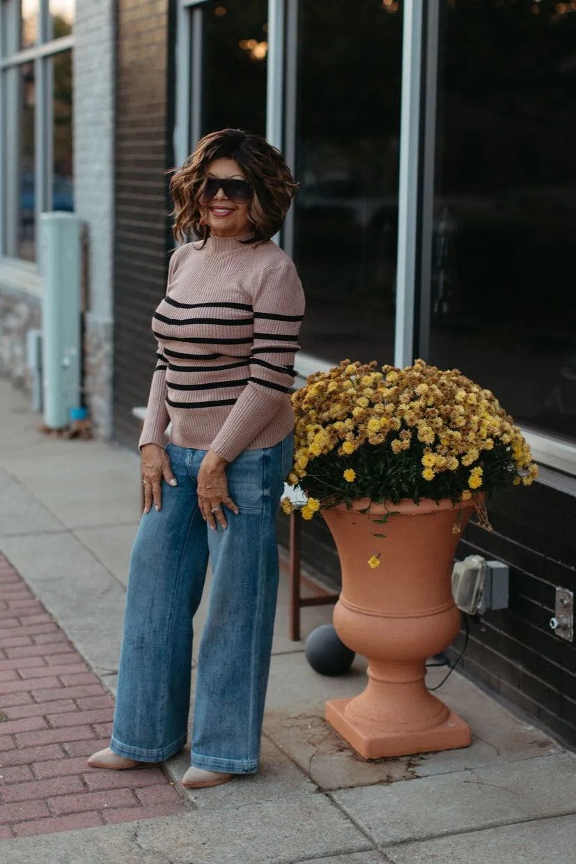Striped Mock Neck Long Sleeve Knit Sweater