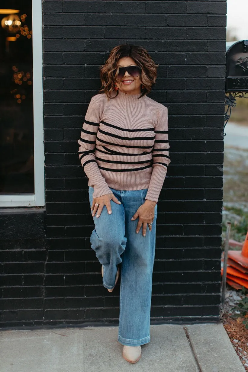 Striped Mock Neck Long Sleeve Knit Sweater