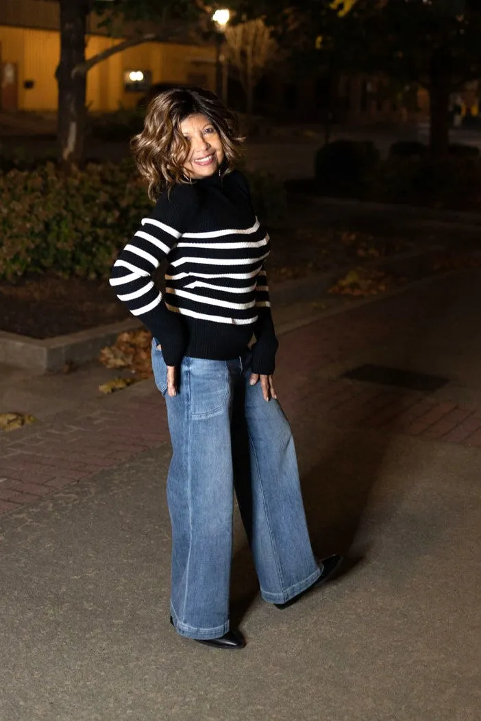 Striped Mock Neck Long Sleeve Knit Sweater