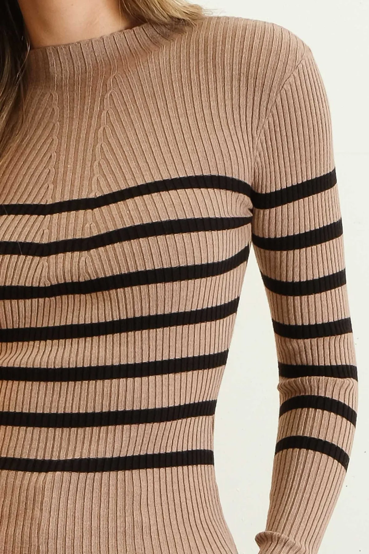 Striped Mock Neck Long Sleeve Knit Sweater