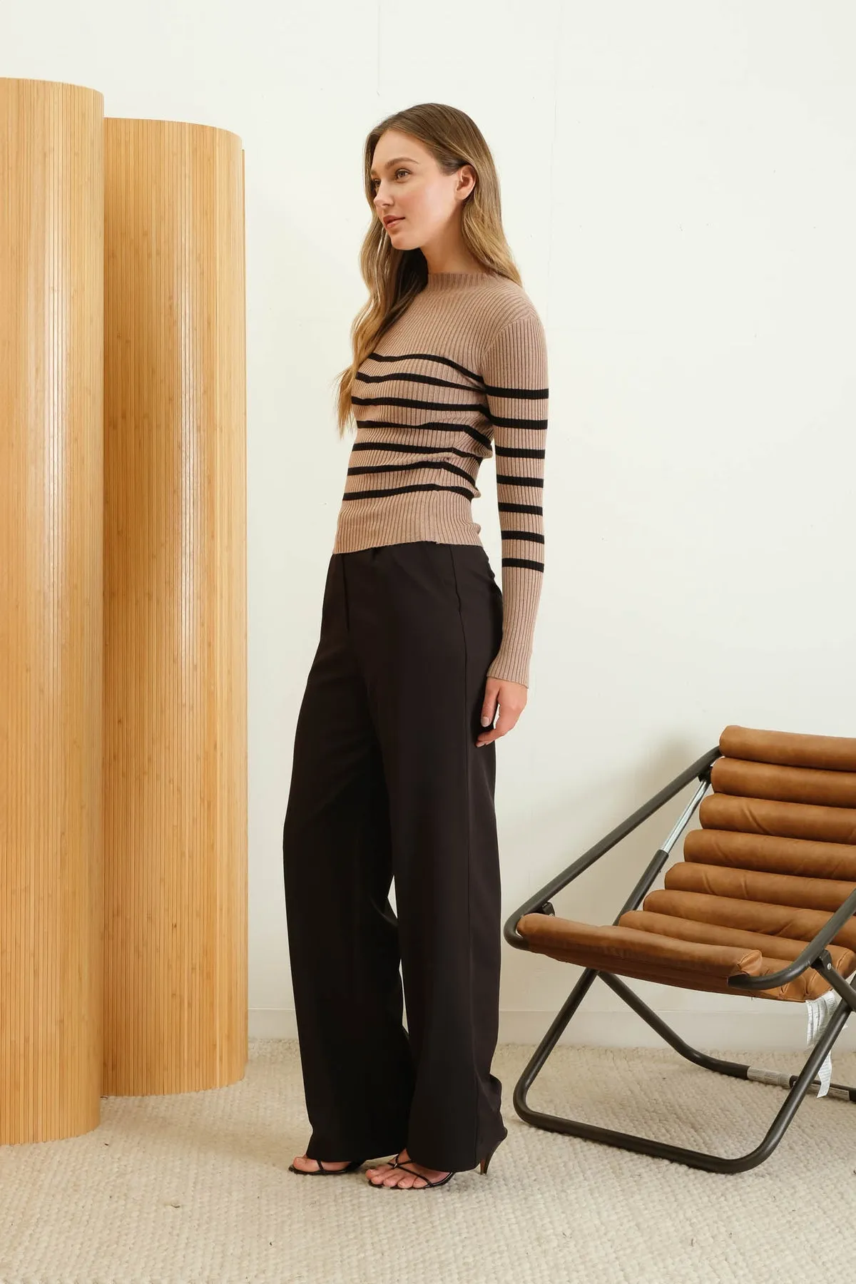 Striped Mock Neck Long Sleeve Knit Sweater
