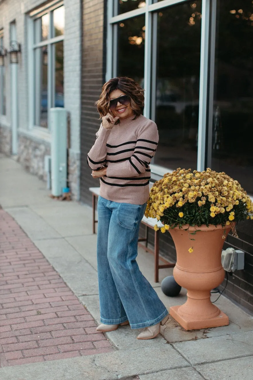 Striped Mock Neck Long Sleeve Knit Sweater