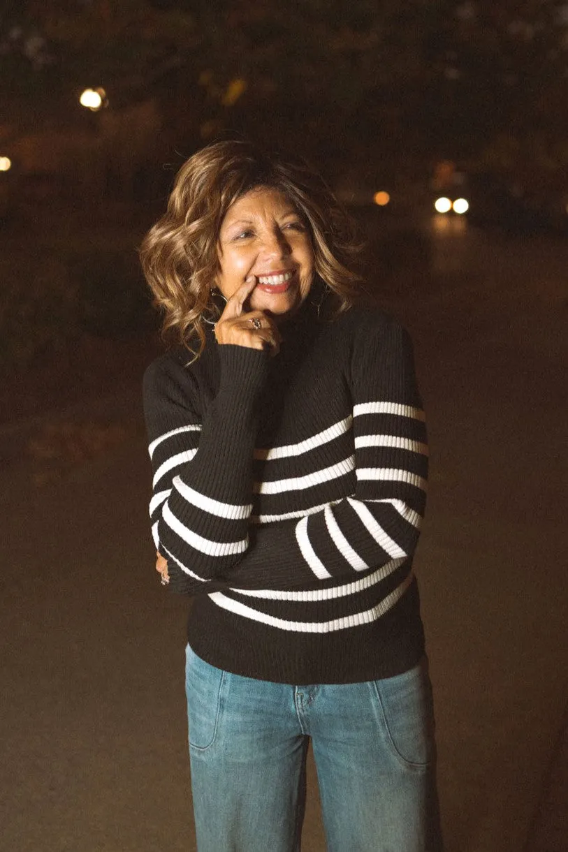 Striped Mock Neck Long Sleeve Knit Sweater