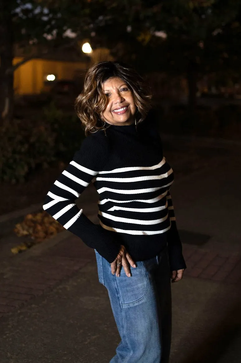 Striped Mock Neck Long Sleeve Knit Sweater