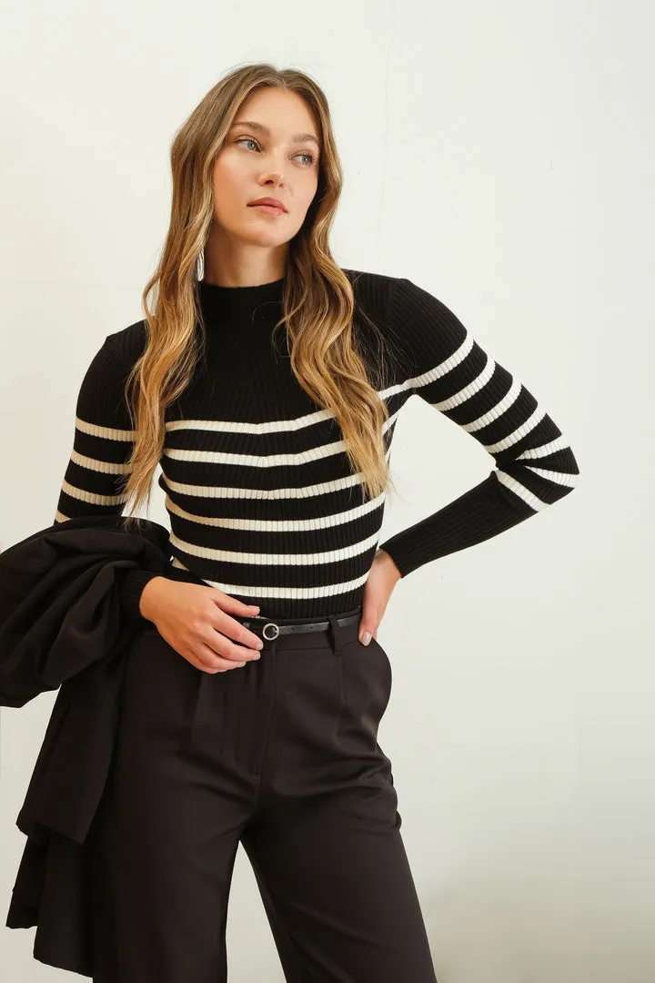 Striped Mock Neck Long Sleeve Knit Sweater