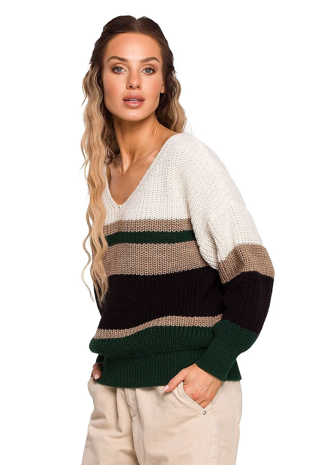 Striped V-Neck Loose-Fit Sweater