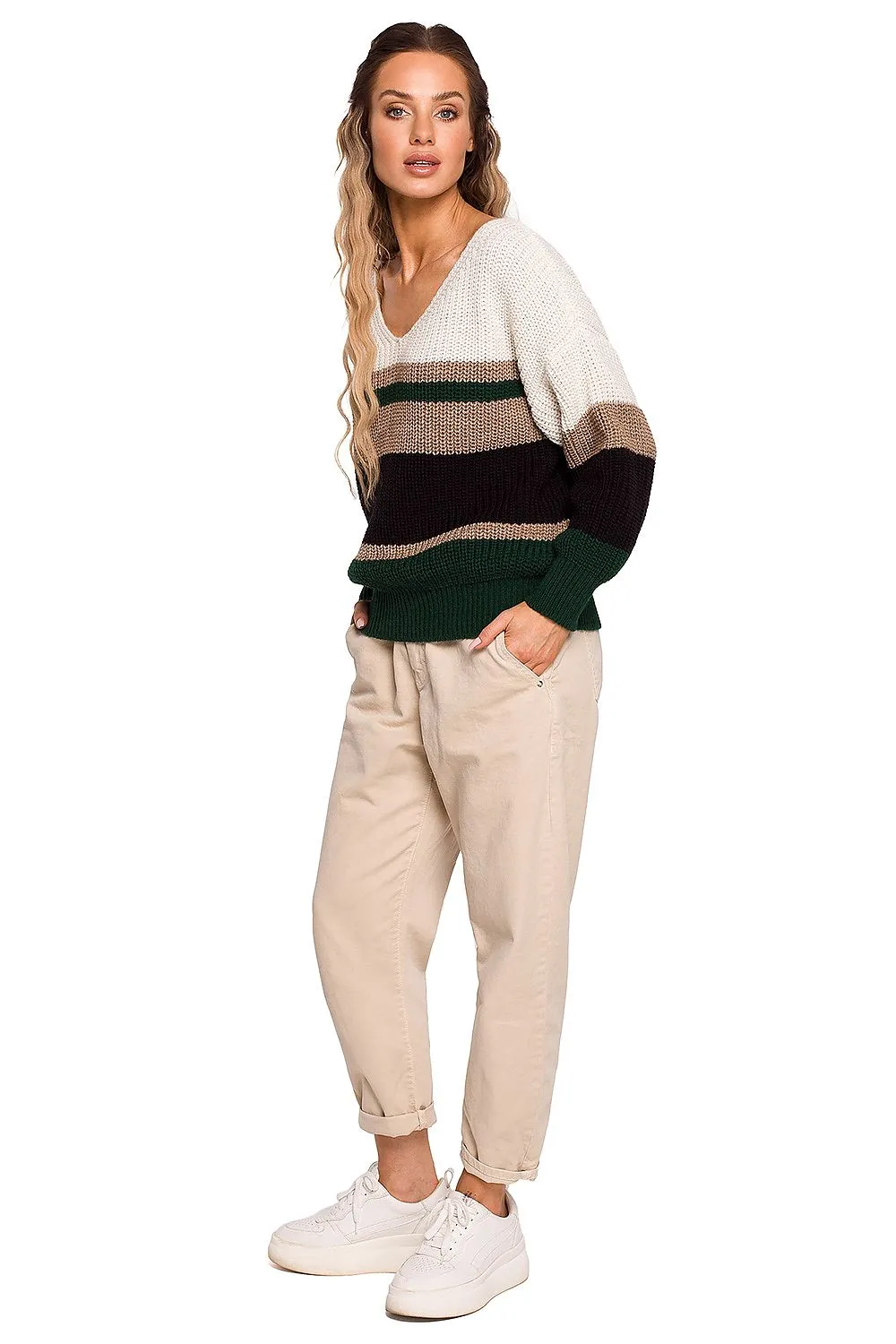 Striped V-Neck Loose-Fit Sweater