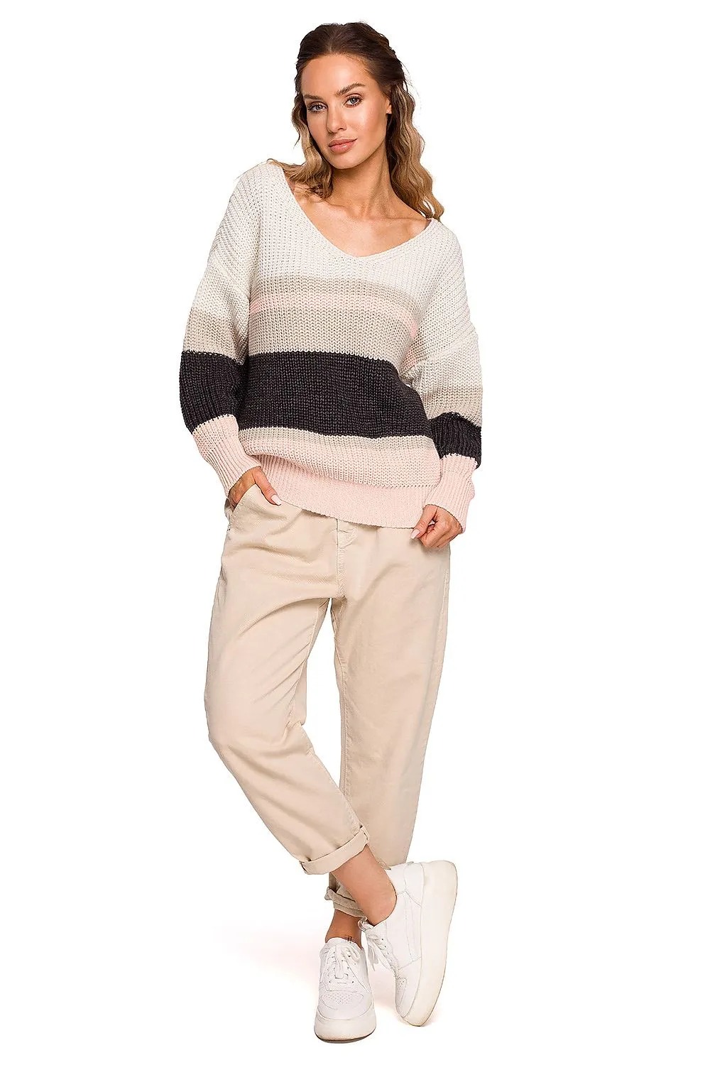 Striped V-Neck Loose-Fit Sweater