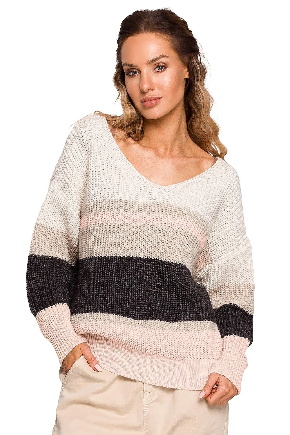 Striped V-Neck Loose-Fit Sweater