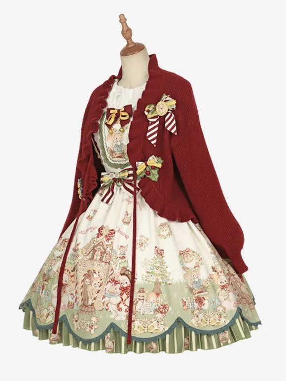 Sweet Lolita Coats Red Christmas Coat Ruffles Knit Overcoat Cotton Blend Winter Lolita Outwears