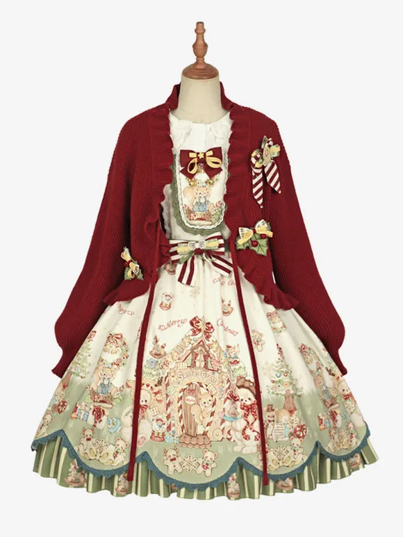 Sweet Lolita Coats Red Christmas Coat Ruffles Knit Overcoat Cotton Blend Winter Lolita Outwears