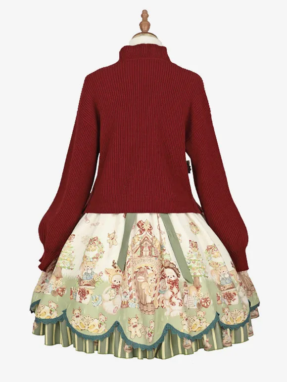 Sweet Lolita Coats Red Christmas Coat Ruffles Knit Overcoat Cotton Blend Winter Lolita Outwears