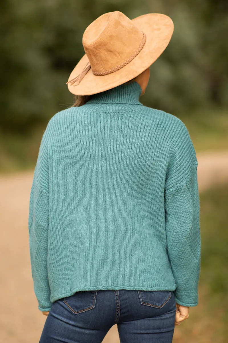 Teal Diamond Texture Turtleneck Sweater