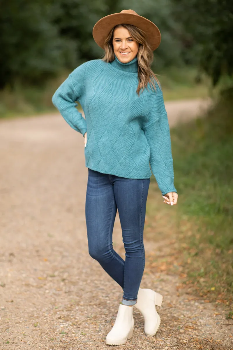 Teal Diamond Texture Turtleneck Sweater