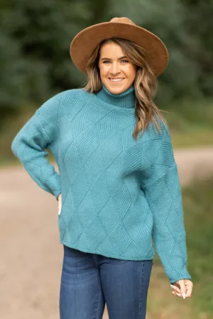 Teal Diamond Texture Turtleneck Sweater