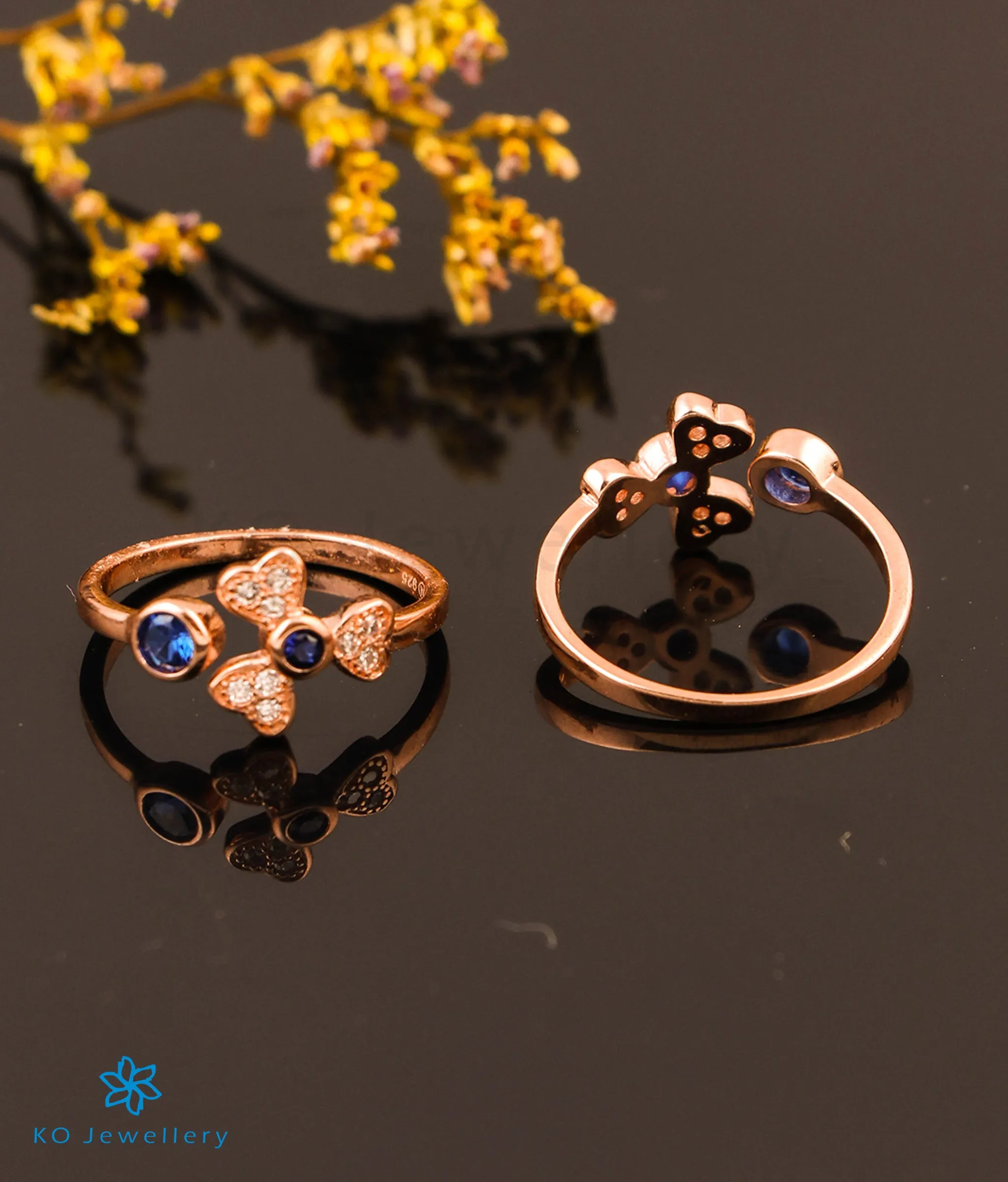 The Dahlia Silver Rosegold Toe-Rings (Blue/ Front open)