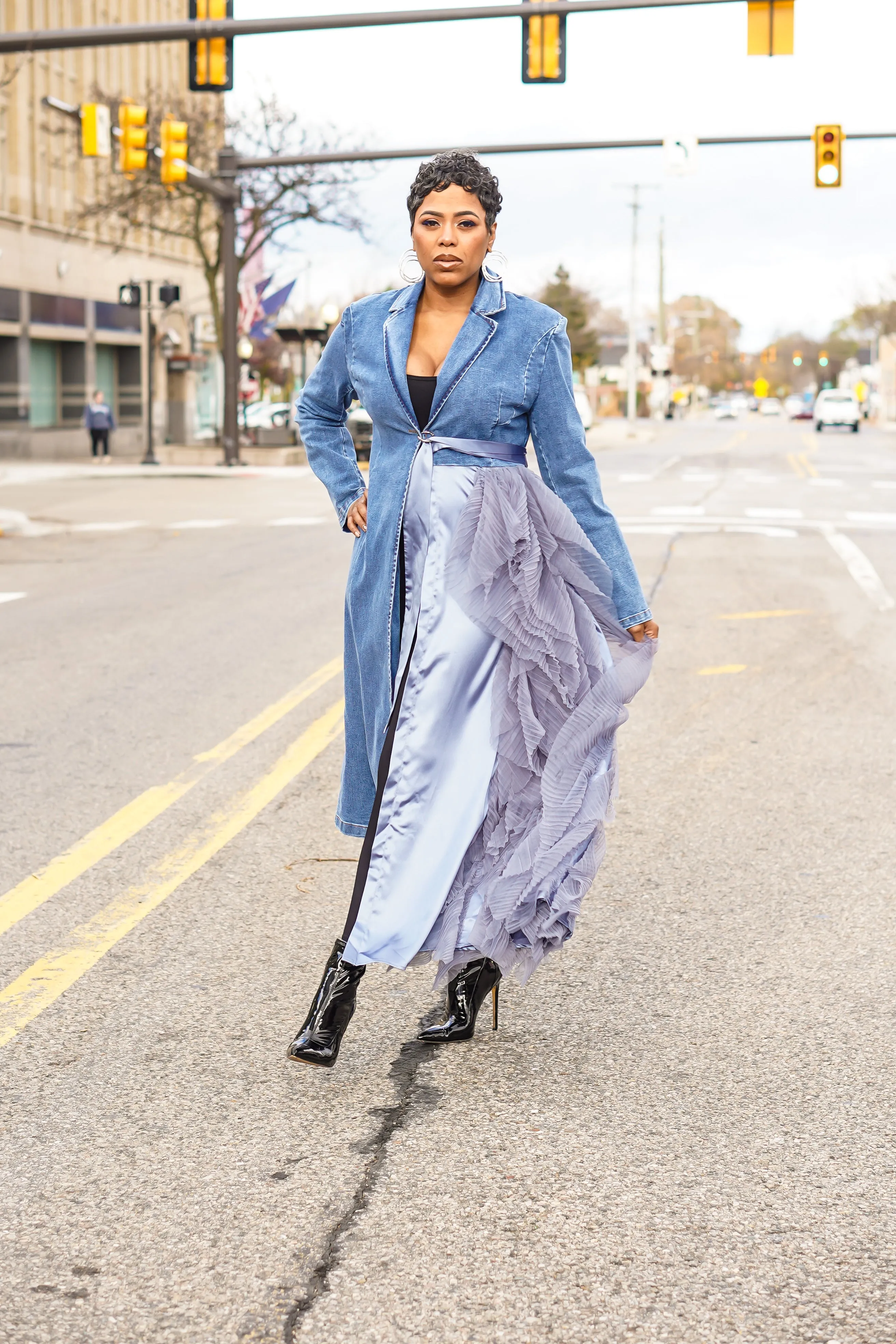 The Ruffle Side Long Sleeve Jacket (Denim)