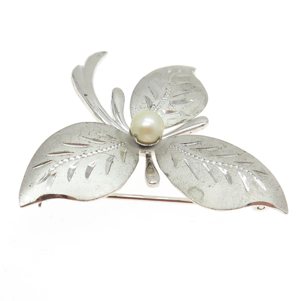 THEDA 925 Sterling Silver Antique Art Deco Real Pearl Flower Pin Brooch