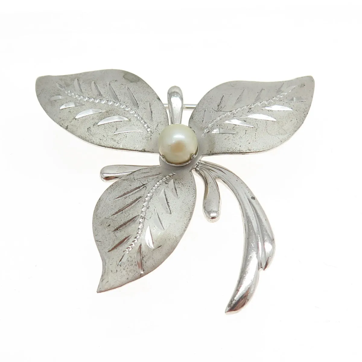 THEDA 925 Sterling Silver Antique Art Deco Real Pearl Flower Pin Brooch