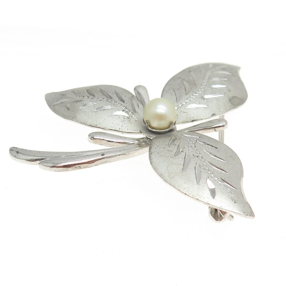 THEDA 925 Sterling Silver Antique Art Deco Real Pearl Flower Pin Brooch