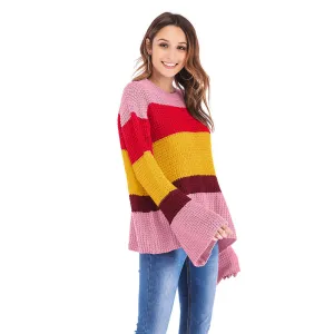 Three-color Stitching Long-sleeved Loose Pullover Sweater