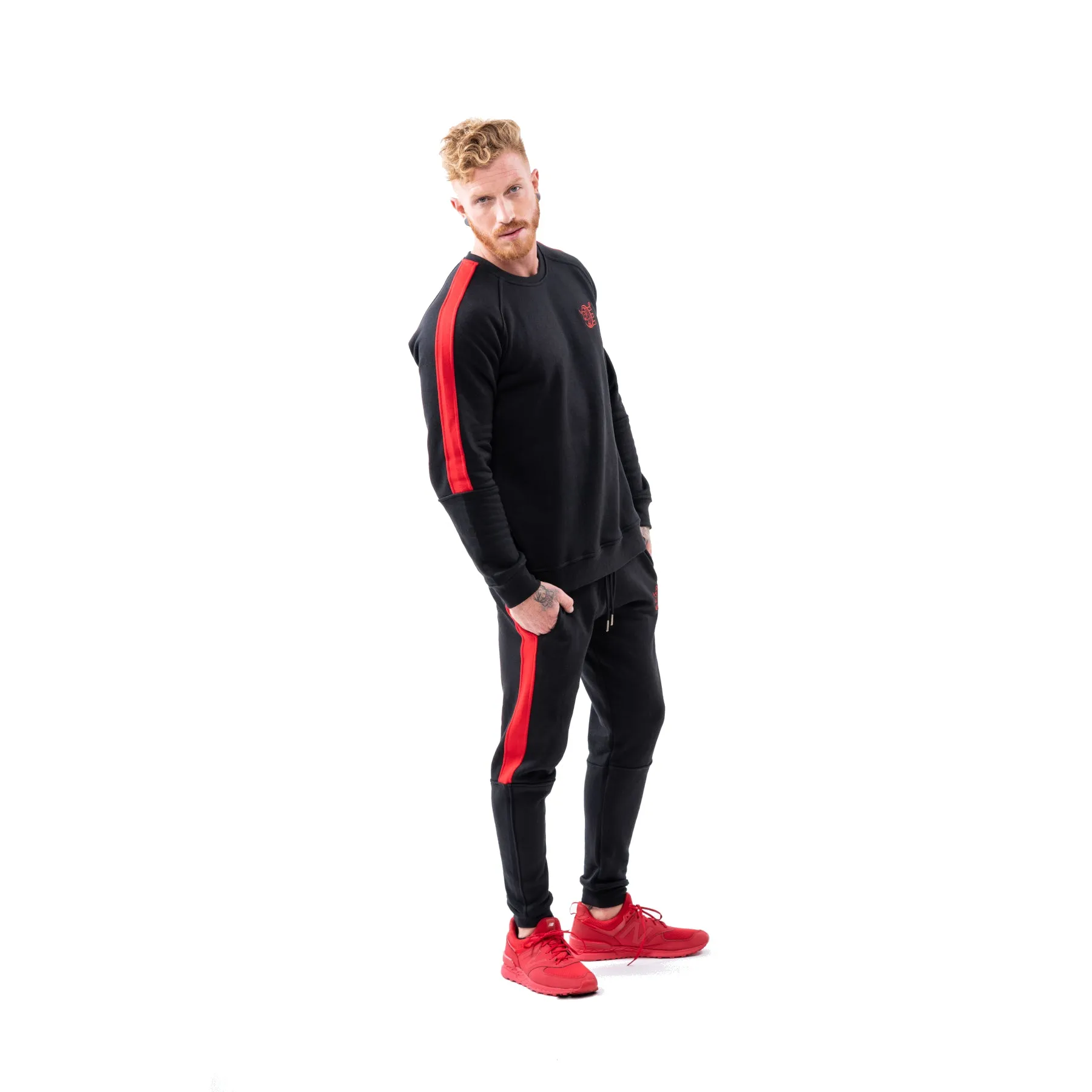 Tracksuit Set: Sweat Shirts & Sweat Pants w / Zippered Pockets - Black