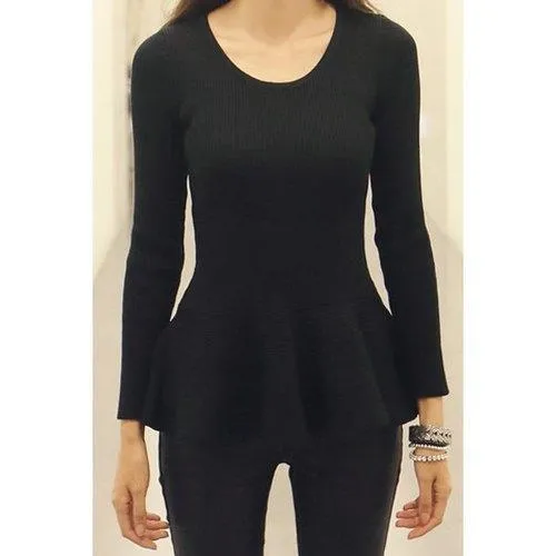 Trendy Style Scoop Neck Solid Color Ruffles Knitted Long Sleeve Women's Sweater - Black One Size(fit Size Xs To M)