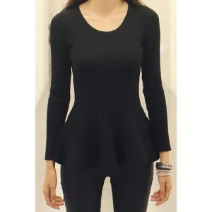 Trendy Style Scoop Neck Solid Color Ruffles Knitted Long Sleeve Women's Sweater - Black One Size(fit Size Xs To M)