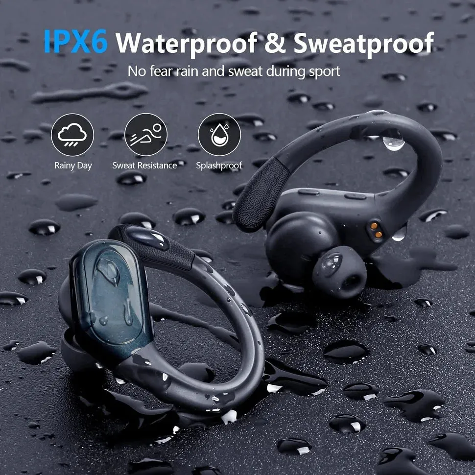 True Wireless Bluetooth 5.3 Earphones - Headphones with Mic, Button Control, Noise Reduction, Earhooks, Waterproof, for Sports