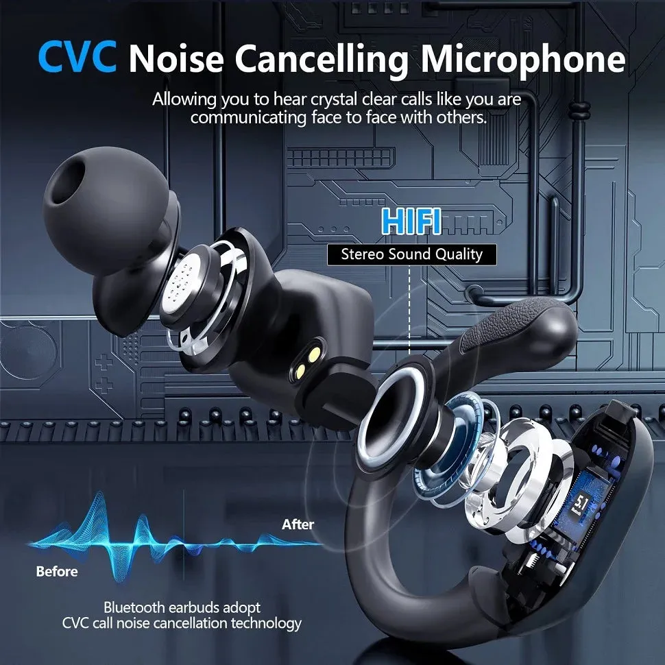 True Wireless Bluetooth 5.3 Earphones - Headphones with Mic, Button Control, Noise Reduction, Earhooks, Waterproof, for Sports