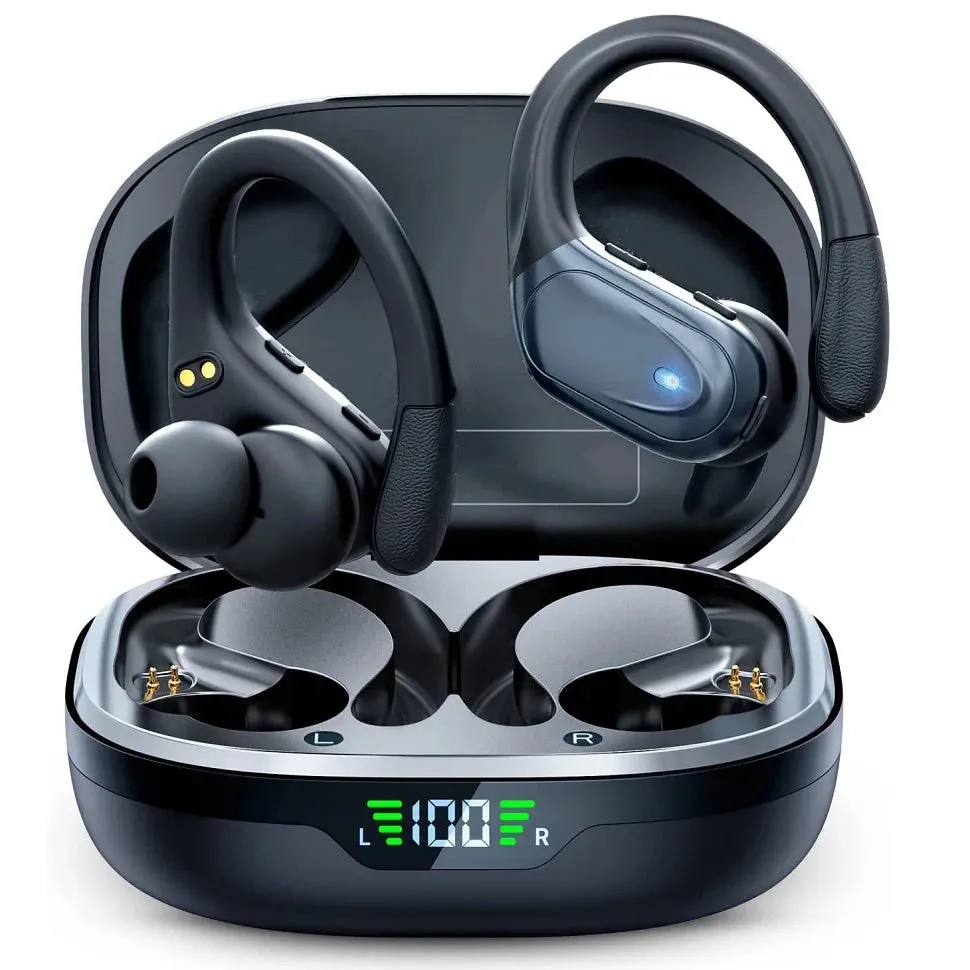 True Wireless Bluetooth 5.3 Earphones - Headphones with Mic, Button Control, Noise Reduction, Earhooks, Waterproof, for Sports