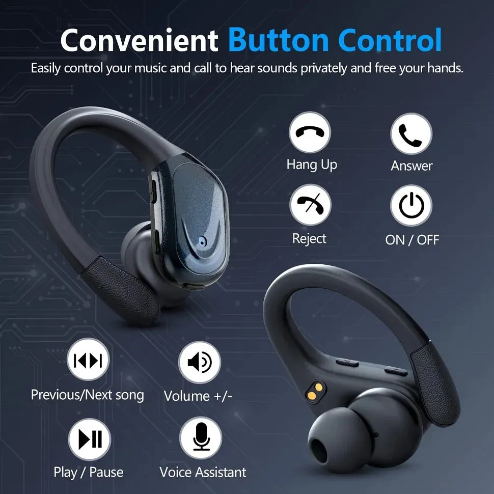 True Wireless Bluetooth 5.3 Earphones - Headphones with Mic, Button Control, Noise Reduction, Earhooks, Waterproof, for Sports