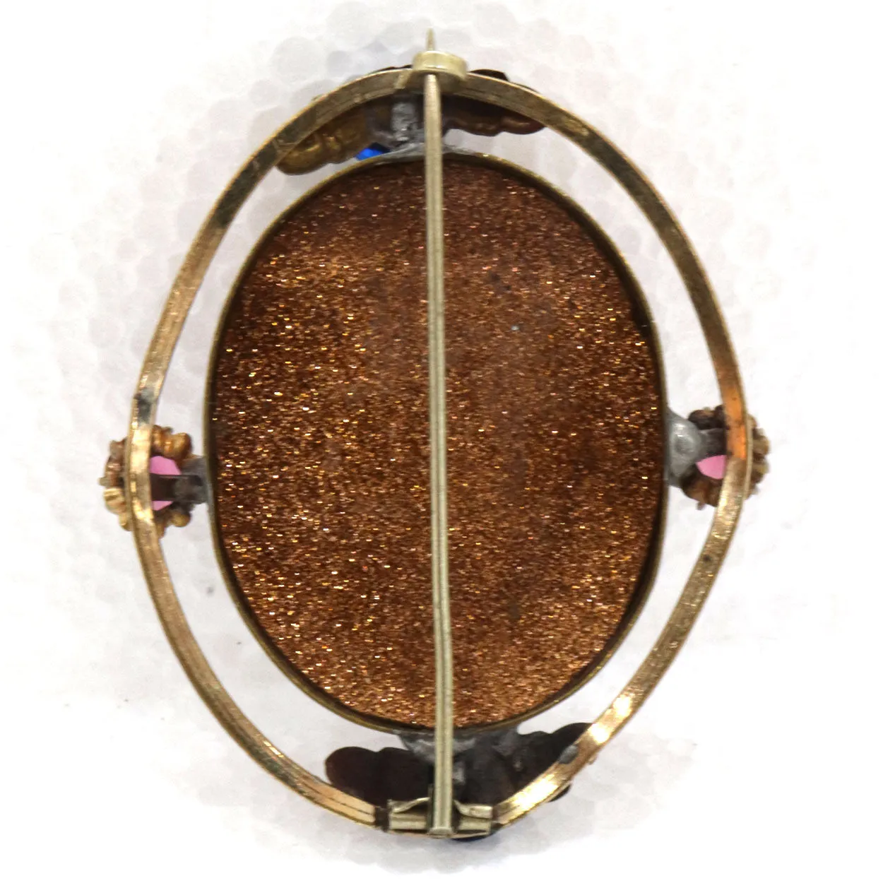 Two Italian Goldstone Micro Mosaic Floral Oval Brooches