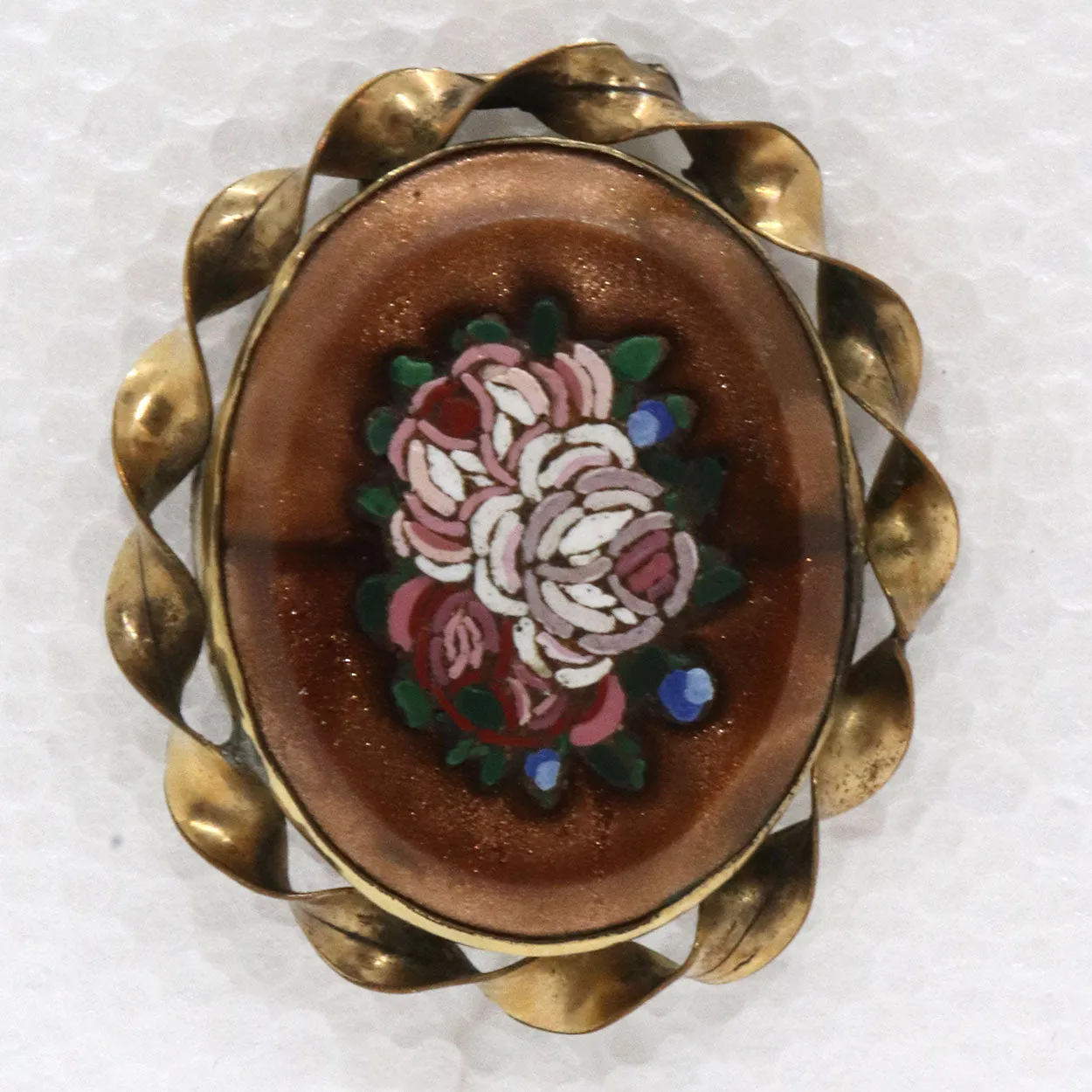 Two Italian Goldstone Micro Mosaic Floral Oval Brooches
