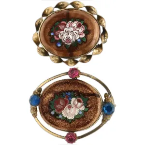 Two Italian Goldstone Micro Mosaic Floral Oval Brooches
