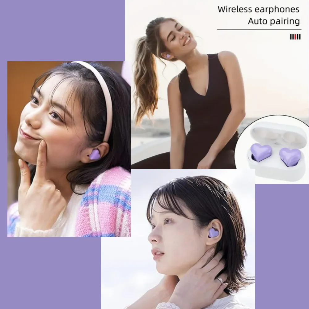 Unique PURPLE Heart Shaped Wireless EarPods Earphones with Charging Case