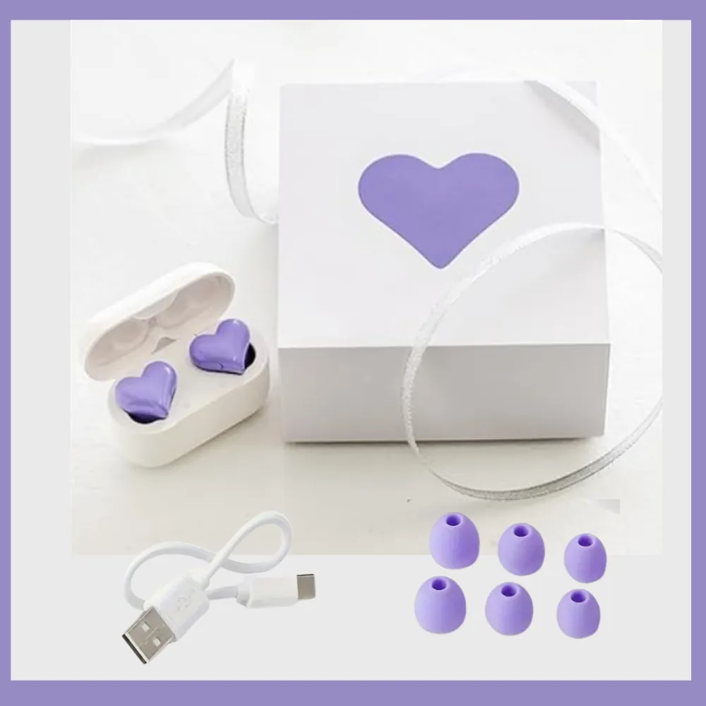Unique PURPLE Heart Shaped Wireless EarPods Earphones with Charging Case