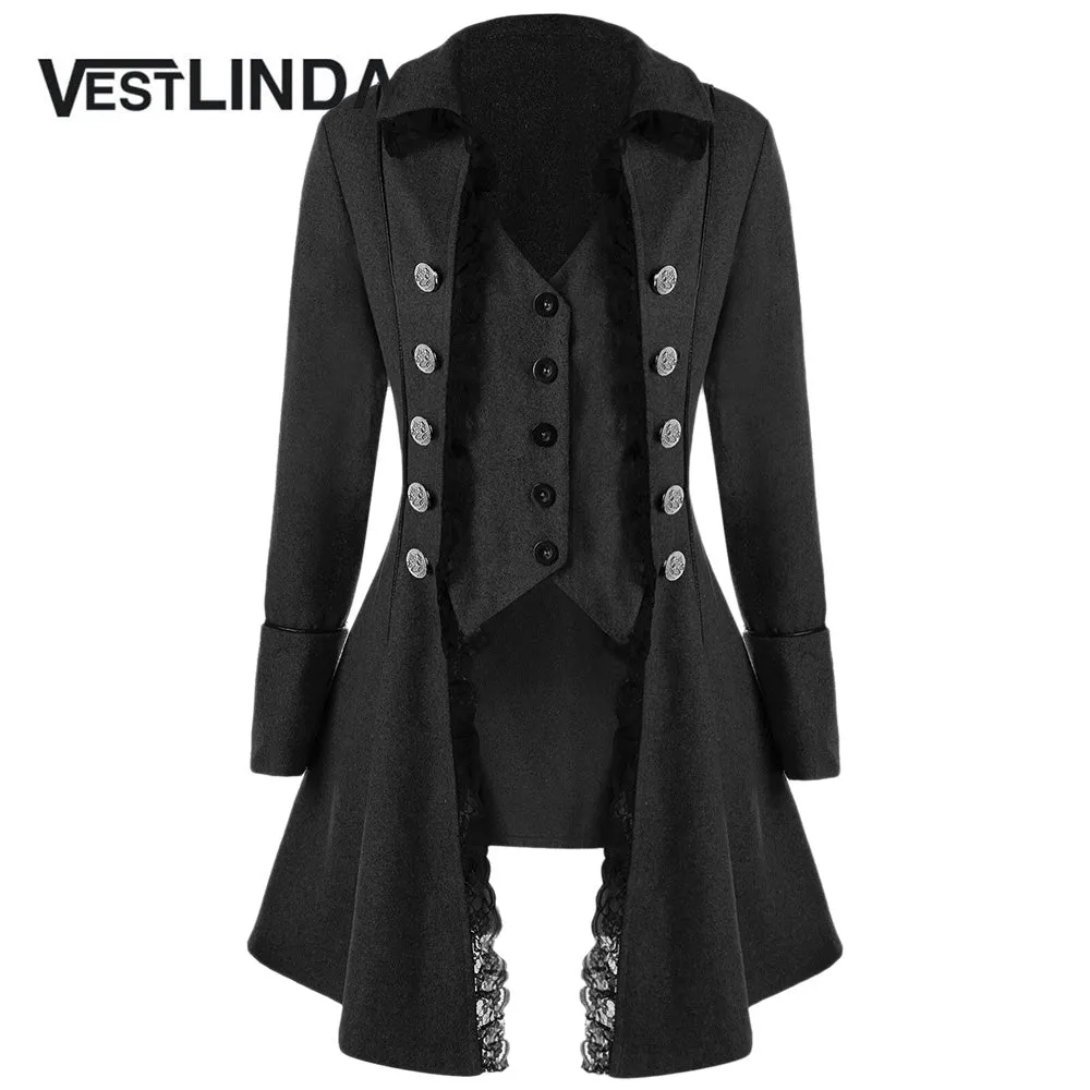 VESTLINDA Trench Women Coat Winter Spring Fashion Casual Lace Trim Button Up Tailcoat New Year Ladies Tops Clothing Windbreaker