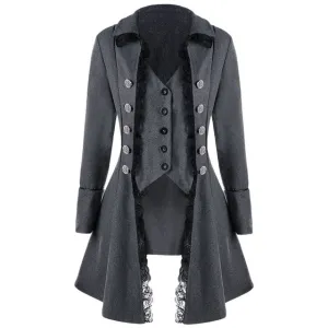 VESTLINDA Trench Women Coat Winter Spring Fashion Casual Lace Trim Button Up Tailcoat New Year Ladies Tops Clothing Windbreaker