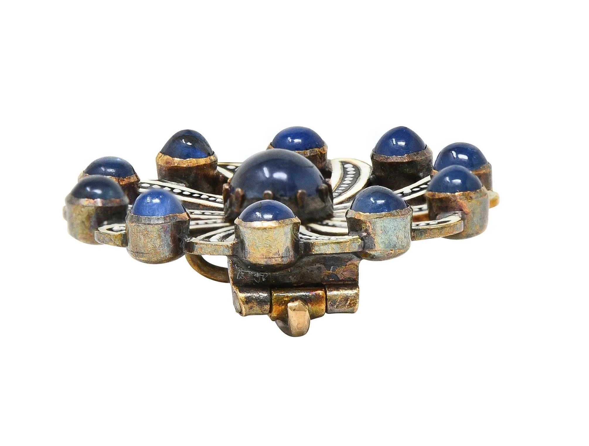 Victorian 2.70 CTW Sapphire Enamel 18 Karat Yellow Gold Spiral Circle Brooch